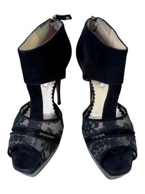 Oscar de la Renta Black Suede & Floral Lace Platform T-Strap Heels SZ 35 IT/US 5